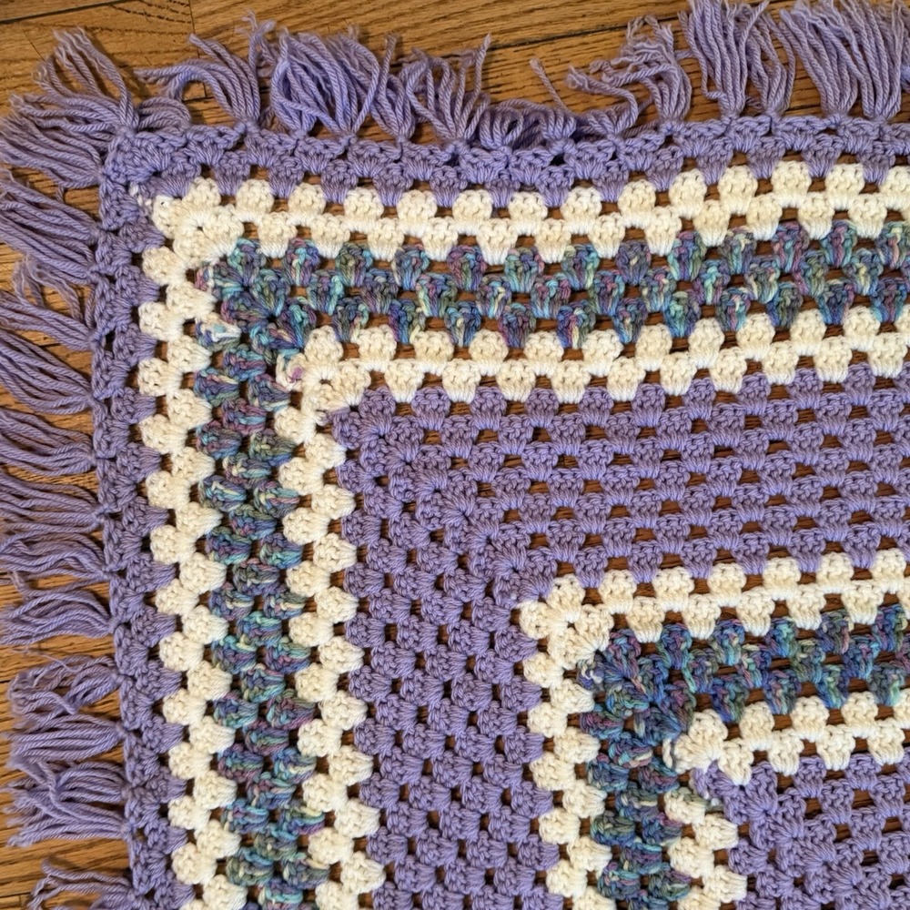 Vtg‎ Large Afghan Blanket Throw Hand Made Crochet Granny Square 60 x60" Fringe